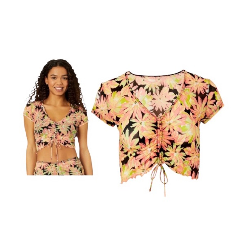 Celebrity Pink Swim Coverup Short Sleeve Tie Front Crop in Pink and Orange